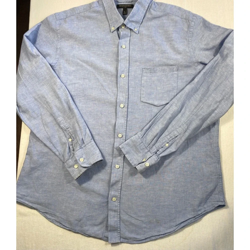 Banana Republic Mens XL Linen Cotton Shirt Blue Button Down Coastal Preppy